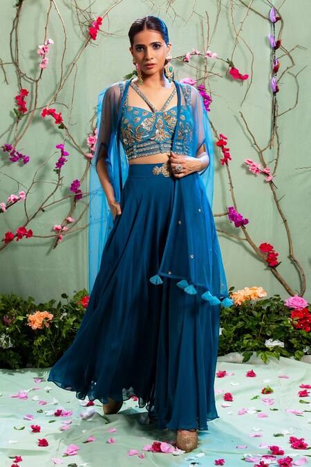 Miku Kumar_Blue Georgette And Net Sweetheart Neck Embroidered Cape & Palazzo Pant Set _Online_at_Aza_Fashions