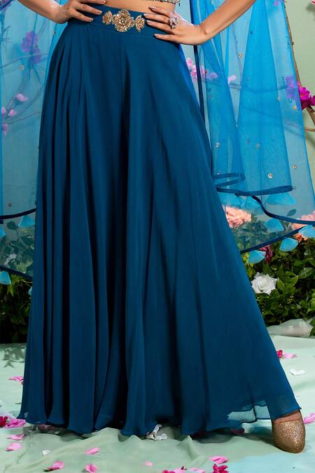 Buy_Miku Kumar_Blue Georgette And Net Sweetheart Neck Embroidered Cape & Palazzo Pant Set _Online_at_Aza_Fashions