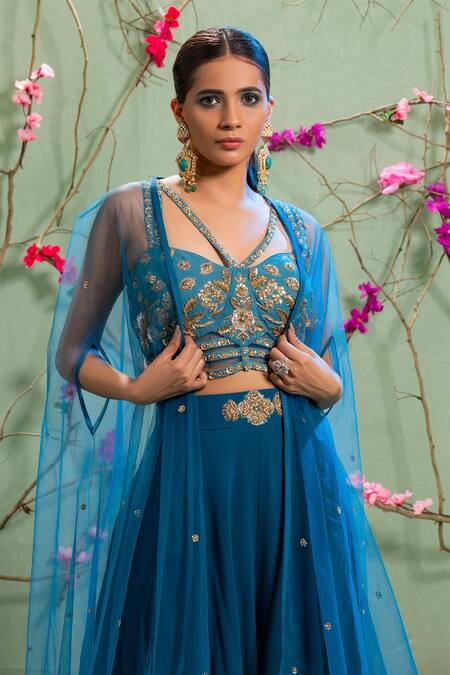 Shop_Miku Kumar_Blue Georgette And Net Sweetheart Neck Embroidered Cape & Palazzo Pant Set _Online_at_Aza_Fashions
