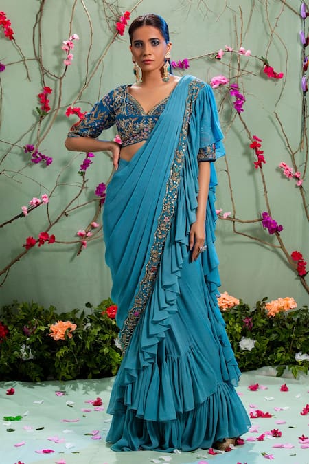 Miku Kumar Blue Silk And Georgette Sweetheart Neck Pre-draped Saree With Blouse