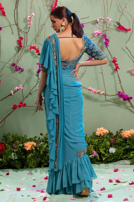 Shop Miku Kumar Blue Silk And Georgette Sweetheart Neck Pre-draped Saree With Blouse at Aza Fashions Shop_Miku Kumar_Blue Silk And Georgette Sweetheart Neck Pre-draped Saree With Blouse _at_Aza_Fashions