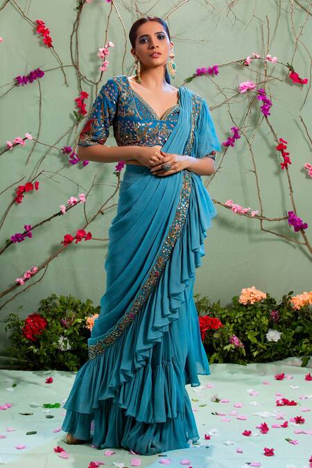 Miku Kumar Blue Silk And Georgette Sweetheart Neck Pre-draped Saree With Blouse Online at Aza Fashions Miku Kumar_Blue Silk And Georgette Sweetheart Neck Pre-draped Saree With Blouse _Online_at_Aza_Fashions