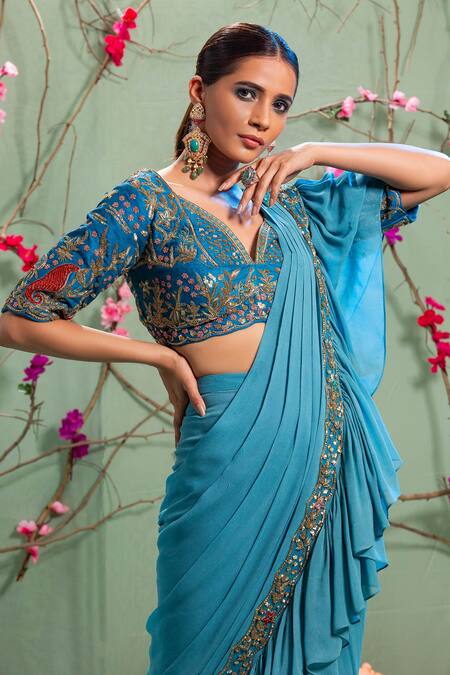 Buy Miku Kumar Blue Silk And Georgette Sweetheart Neck Pre-draped Saree With Blouse Online at Aza Fashions Buy_Miku Kumar_Blue Silk And Georgette Sweetheart Neck Pre-draped Saree With Blouse _Online_at_Aza_Fashions