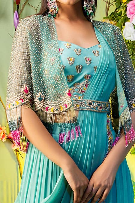Shop_Miku Kumar_Green Georgette And Net Embroidery Sweetheart Neck Cape Lehenga Set _Online_at_Aza_Fashions