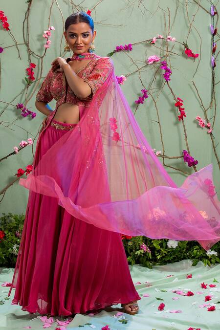 Miku Kumar_Pink Silk, Georgette And Net Sweetheart Neck Kurta & Palazzo Pant Set _Online_at_Aza_Fashions