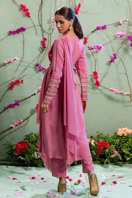Shop Miku Kumar Pink Georgette And Net Round Embroidered Draped Kurta & Palazzo Pant Set at Aza Fashions Shop_Miku Kumar_Pink Georgette And Net Round Embroidered Draped Kurta & Palazzo Pant Set _at_Aza_Fashions