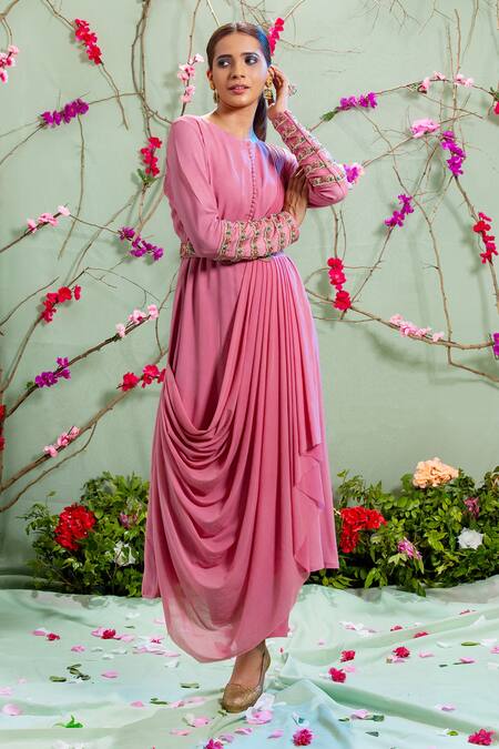 Miku Kumar Pink Georgette And Net Round Embroidered Draped Kurta & Palazzo Pant Set Online at Aza Fashions Miku Kumar_Pink Georgette And Net Round Embroidered Draped Kurta & Palazzo Pant Set _Online_at_Aza_Fashions