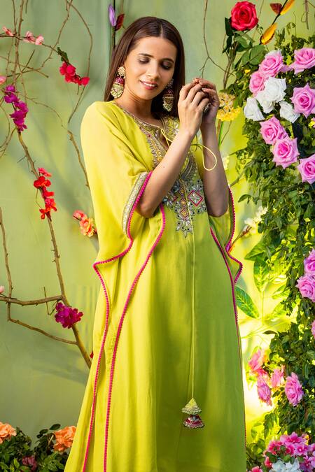 Miku Kumar Green Georgette Round Embroidered Kurta And Palazzo Pant Set Online at Aza Fashions Miku Kumar_Green Georgette Round Embroidered Kurta And Palazzo Pant Set _Online_at_Aza_Fashions