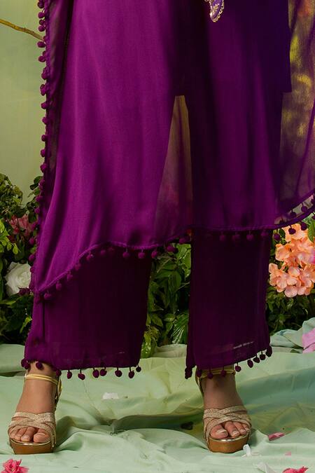 Shop_Miku Kumar_Purple Georgette Round Embroidered Kurta And Palazzo Pant Set _Online_at_Aza_Fashions