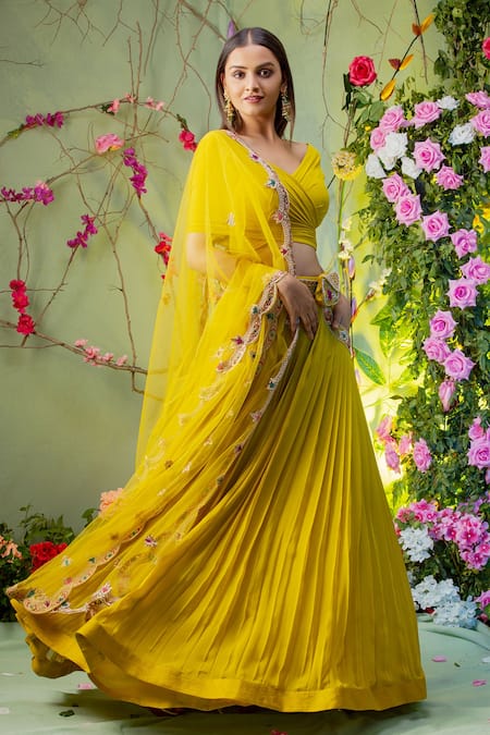 Miku Kumar Yellow Georgette And Net, Viscose Lycra One Shoulder Embroidered Lehenga Set Online at Aza Fashions Miku Kumar_Yellow Georgette And Net, Viscose Lycra One Shoulder Embroidered Lehenga Set_Online_at_Aza_Fashions