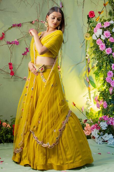 Buy Miku Kumar Yellow Georgette And Net, Viscose Lycra One Shoulder Embroidered Lehenga Set Online at Aza Fashions Buy_Miku Kumar_Yellow Georgette And Net, Viscose Lycra One Shoulder Embroidered Lehenga Set_Online_at_Aza_Fashions