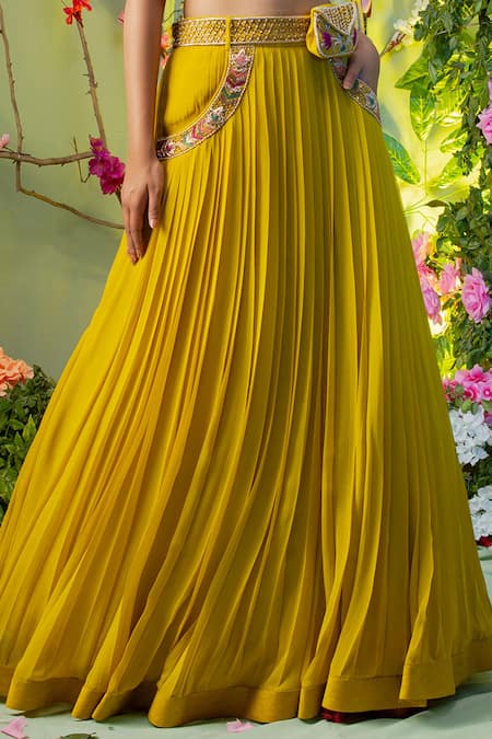 Shop Miku Kumar Yellow Georgette And Net, Viscose Lycra One Shoulder Embroidered Lehenga Set Online at Aza Fashions Shop_Miku Kumar_Yellow Georgette And Net, Viscose Lycra One Shoulder Embroidered Lehenga Set_Online_at_Aza_Fashions