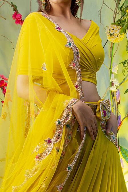 Miku Kumar Yellow Georgette And Net, Viscose Lycra One Shoulder Embroidered Lehenga Set at Aza Fashions Miku Kumar_Yellow Georgette And Net, Viscose Lycra One Shoulder Embroidered Lehenga Set_at_Aza_Fashions