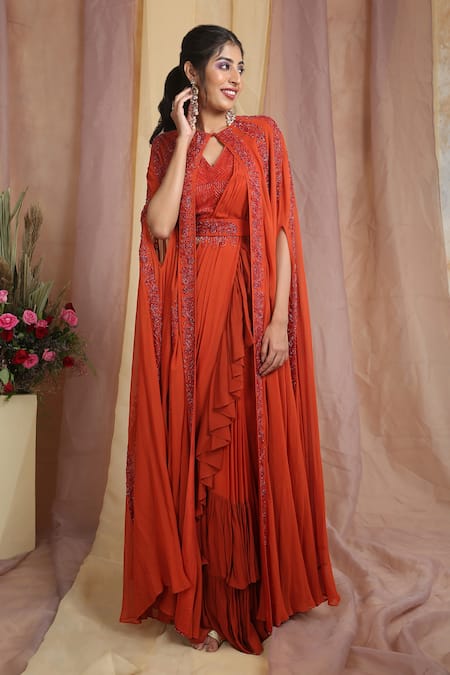 Buy_Miku Kumar_Red Georgette V Neck Pre-draped Saree With Embroidered Cape _Online_at_Aza_Fashions