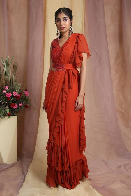 Miku Kumar_Red Georgette V Neck Pre-draped Saree With Embroidered Cape _at_Aza_Fashions