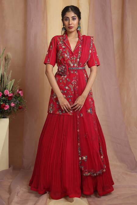 Buy_Miku Kumar_Red , Triple Cutdana, Hand Embroidered Kurta Lehenga Set_Online_at_Aza_Fashions