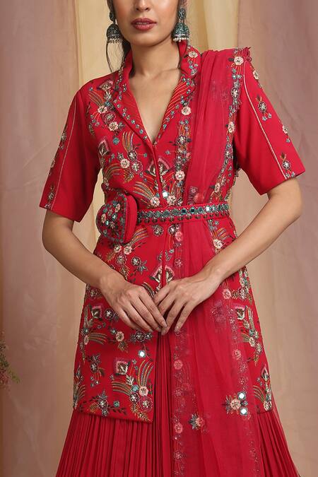 Shop_Miku Kumar_Red , Triple Cutdana, Hand Embroidered Kurta Lehenga Set_Online_at_Aza_Fashions