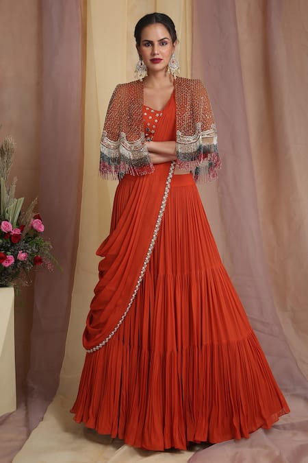 Miku Kumar_Orange Net, Georgette Cutdana, Zardozi Bustier Hand Embroidered Lehenga Set_Online_at_Aza_Fashions