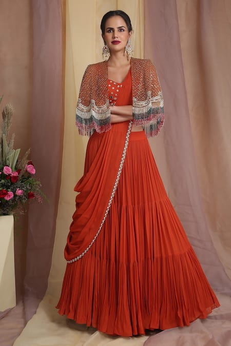 Buy_Miku Kumar_Orange Net, Georgette Cutdana, Zardozi Bustier Hand Embroidered Lehenga Set_Online_at_Aza_Fashions