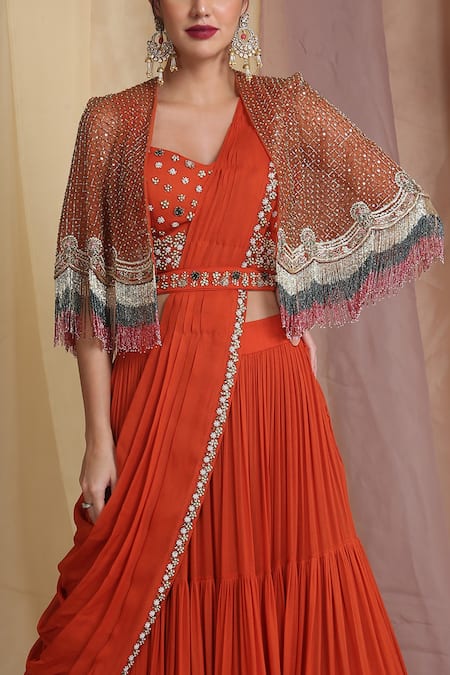 Shop_Miku Kumar_Orange Net, Georgette Cutdana, Zardozi Bustier Hand Embroidered Lehenga Set_Online_at_Aza_Fashions