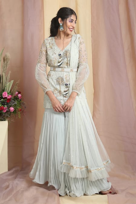Miku Kumar_Green Net, Georgette Sequin, Zardozi V Neck Hand Embroidered Kurta Gharara Set_Online_at_Aza_Fashions