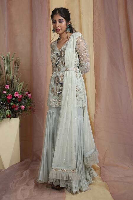 Buy_Miku Kumar_Green Net, Georgette Sequin, Zardozi V Neck Hand Embroidered Kurta Gharara Set_Online_at_Aza_Fashions