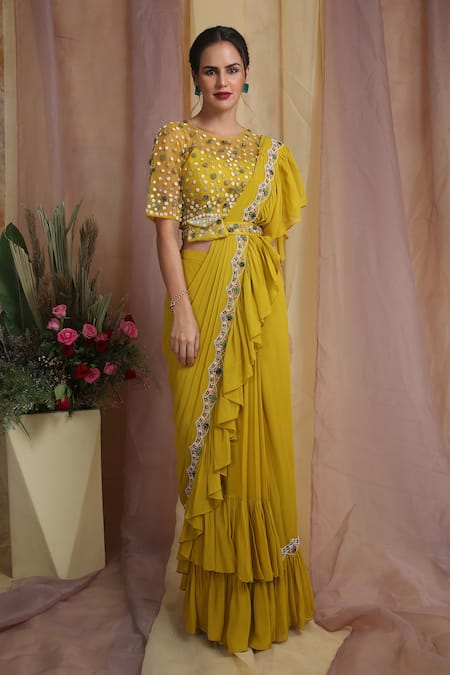 Miku Kumar_Yellow Net, Georgette Floral Motifs Round Embroidered Pre-draped Saree Set_Online_at_Aza_Fashions