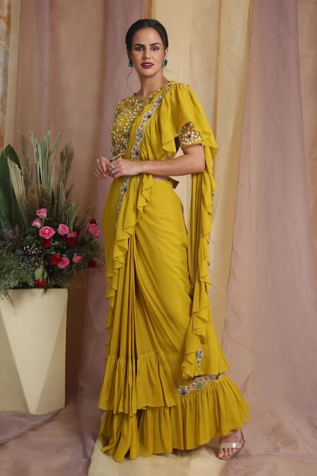 Buy_Miku Kumar_Yellow Net, Georgette Floral Motifs Round Embroidered Pre-draped Saree Set_Online_at_Aza_Fashions