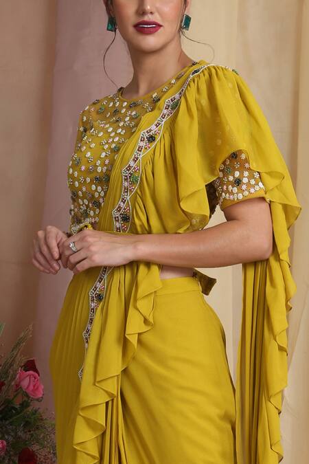 Shop_Miku Kumar_Yellow Net, Georgette Floral Motifs Round Embroidered Pre-draped Saree Set_Online_at_Aza_Fashions