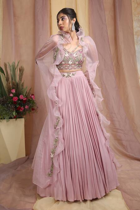 Miku Kumar_Purple Tissue, Georgette Floral V Neck Ruffle Cape Lehenga Set_Online_at_Aza_Fashions