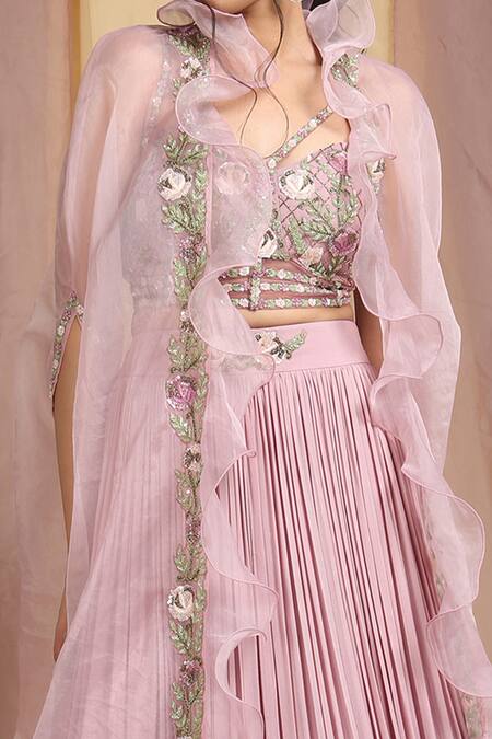 Shop_Miku Kumar_Purple Tissue, Georgette Floral V Neck Ruffle Cape Lehenga Set_Online_at_Aza_Fashions