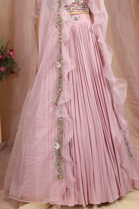 Miku Kumar_Purple Tissue, Georgette Floral V Neck Ruffle Cape Lehenga Set_at_Aza_Fashions