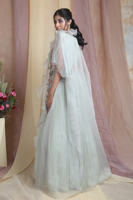 Shop_Miku Kumar_Green Georgette Embroidered Floral Pre-draped Saree Gown With Cape  _at_Aza_Fashions