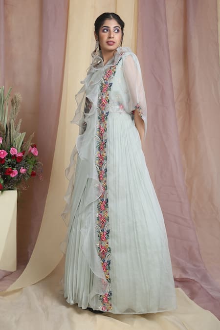 Miku Kumar_Green Georgette Embroidered Floral Pre-draped Saree Gown With Cape  _Online_at_Aza_Fashions