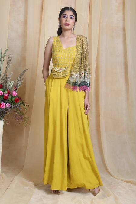 Miku Kumar_Yellow Net, Triple Georgette Glass Beads, Zari Hand Embroidered Jumpsuit_Online_at_Aza_Fashions