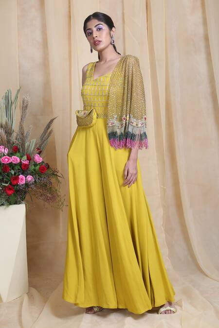 Buy_Miku Kumar_Yellow Net, Triple Georgette Glass Beads, Zari Hand Embroidered Jumpsuit_Online_at_Aza_Fashions