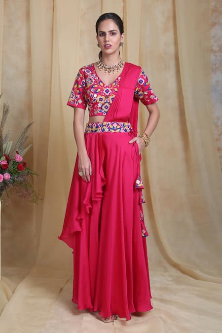 Miku Kumar_Pink Modal Silk Dori Work V Neck Pre-draped Saree With Blouse_Online_at_Aza_Fashions