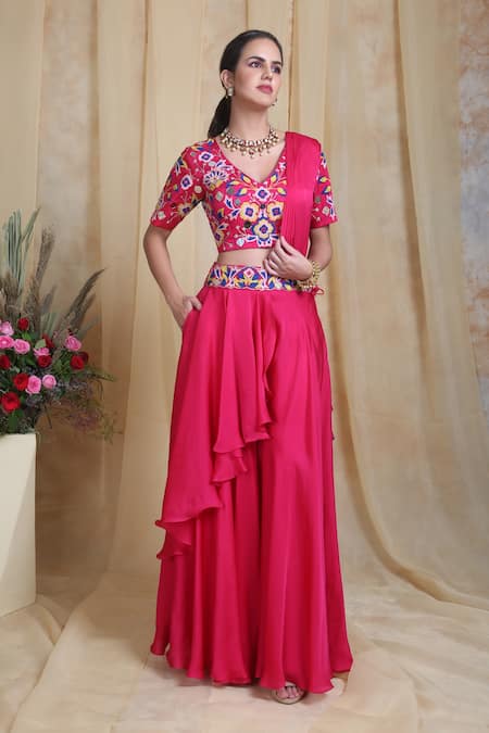 Buy_Miku Kumar_Pink Modal Silk Dori Work V Neck Pre-draped Saree With Blouse_Online_at_Aza_Fashions