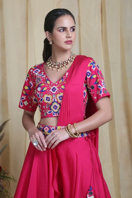 Shop_Miku Kumar_Pink Modal Silk Dori Work V Neck Pre-draped Saree With Blouse_Online_at_Aza_Fashions