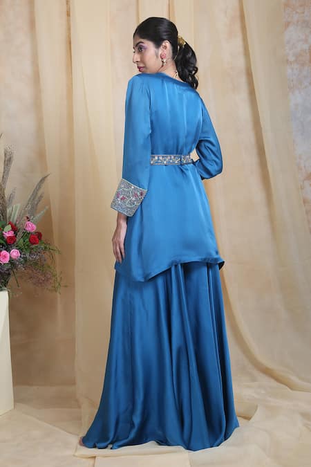 Shop_Miku Kumar_Blue Modal Satin Embroidered Feroza Beads Kurta Jacket And Palazzo Set  _at_Aza_Fashions