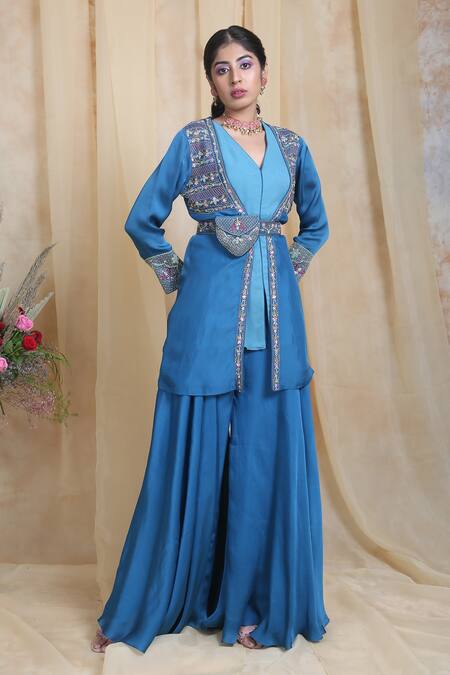 Miku Kumar_Blue Modal Satin Embroidered Feroza Beads Kurta Jacket And Palazzo Set  _Online_at_Aza_Fashions