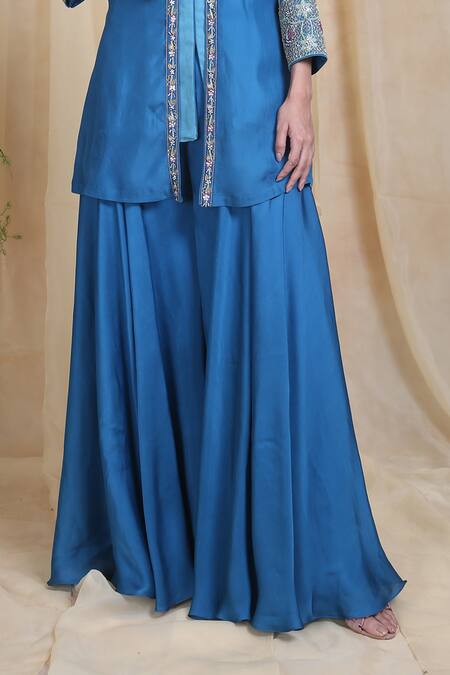 Shop_Miku Kumar_Blue Modal Satin Embroidered Feroza Beads Kurta Jacket And Palazzo Set  _Online_at_Aza_Fashions