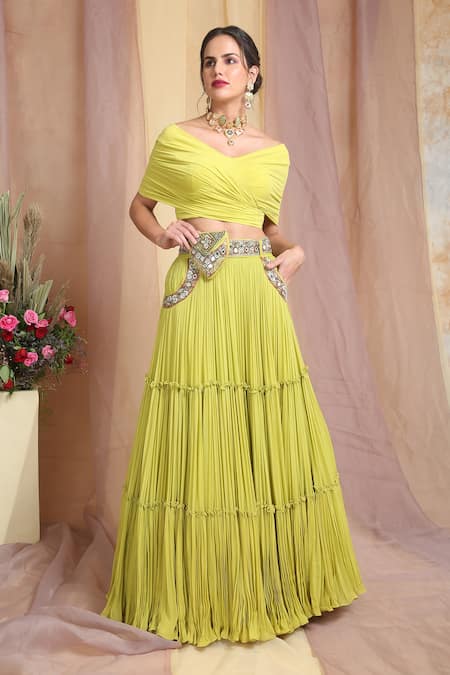 Miku Kumar_Green Net, Georgette, Viscose Lycra Mirror Work Embroidered Blouse And Lehenga Set_Online_at_Aza_Fashions