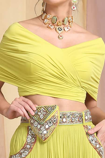 Miku Kumar_Green Net, Georgette, Viscose Lycra Mirror Work Embroidered Blouse And Lehenga Set_at_Aza_Fashions