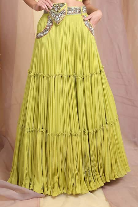 Shop_Miku Kumar_Green Net, Georgette, Viscose Lycra Mirror Work Embroidered Blouse And Lehenga Set_Online_at_Aza_Fashions