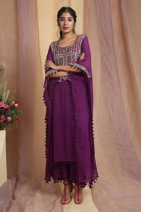 Miku Kumar_Purple Georgette Bead Work, Cutdana Round Hand Embroidered Kaftan And Pant Set_Online_at_Aza_Fashions