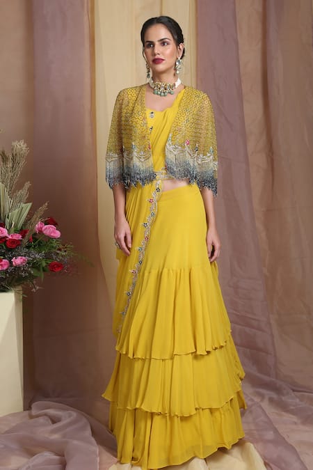 Miku Kumar_Yellow Net, Georgette Cutdana, Zardozi Leaf Embroidered Lehenga Set With Cape_Online_at_Aza_Fashions