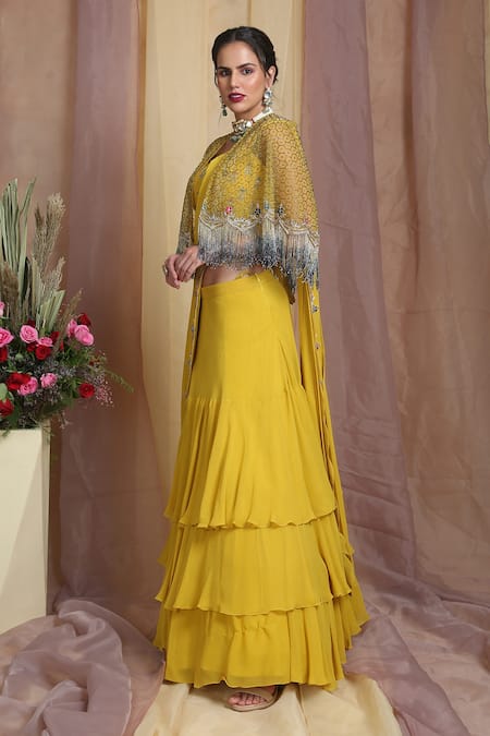 Buy_Miku Kumar_Yellow Net, Georgette Cutdana, Zardozi Leaf Embroidered Lehenga Set With Cape_Online_at_Aza_Fashions