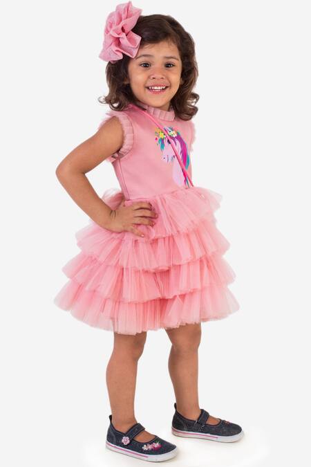 Miakki_Pink Net, Satin Unicorn Motif Ruffle Dress_Online_at_Aza_Fashions