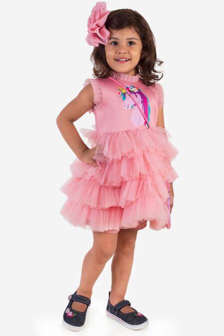 Buy_Miakki_Pink Net, Satin Unicorn Motif Ruffle Dress_Online_at_Aza_Fashions